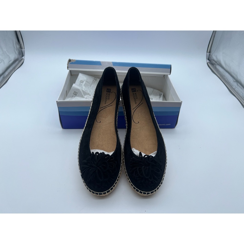 White Mountain Adorable Black Leather Espadrille Flats Pom Pom 7.5M